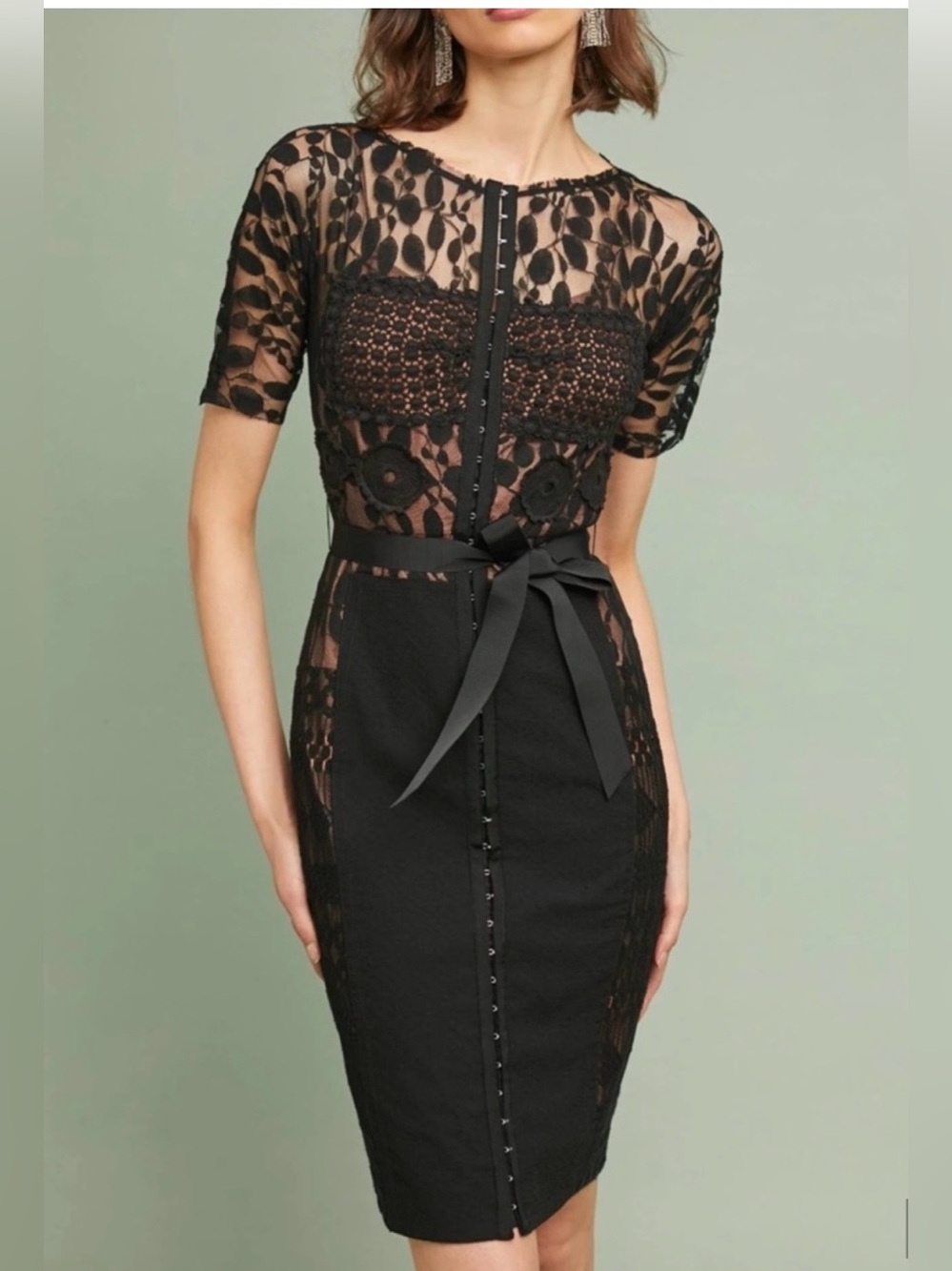 Byron Lars Black Lace Panel Midi Dress with Sheer Insets